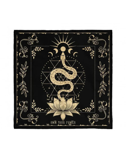 Telo "Own Your Power" con Serpente e Loto, 49x49 | Nero e Oro