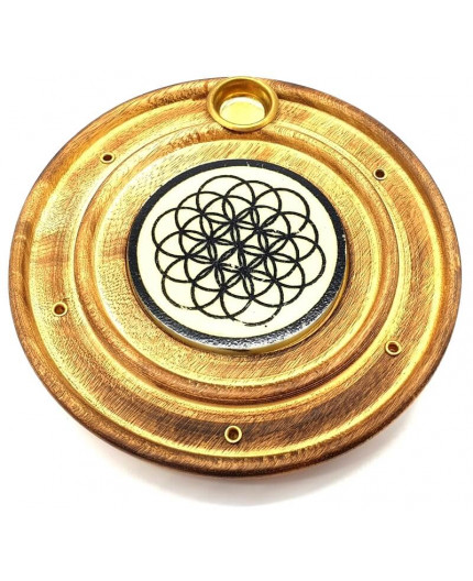 Porta incenso rotondo in legno | Fiore della Vita | 10 cm